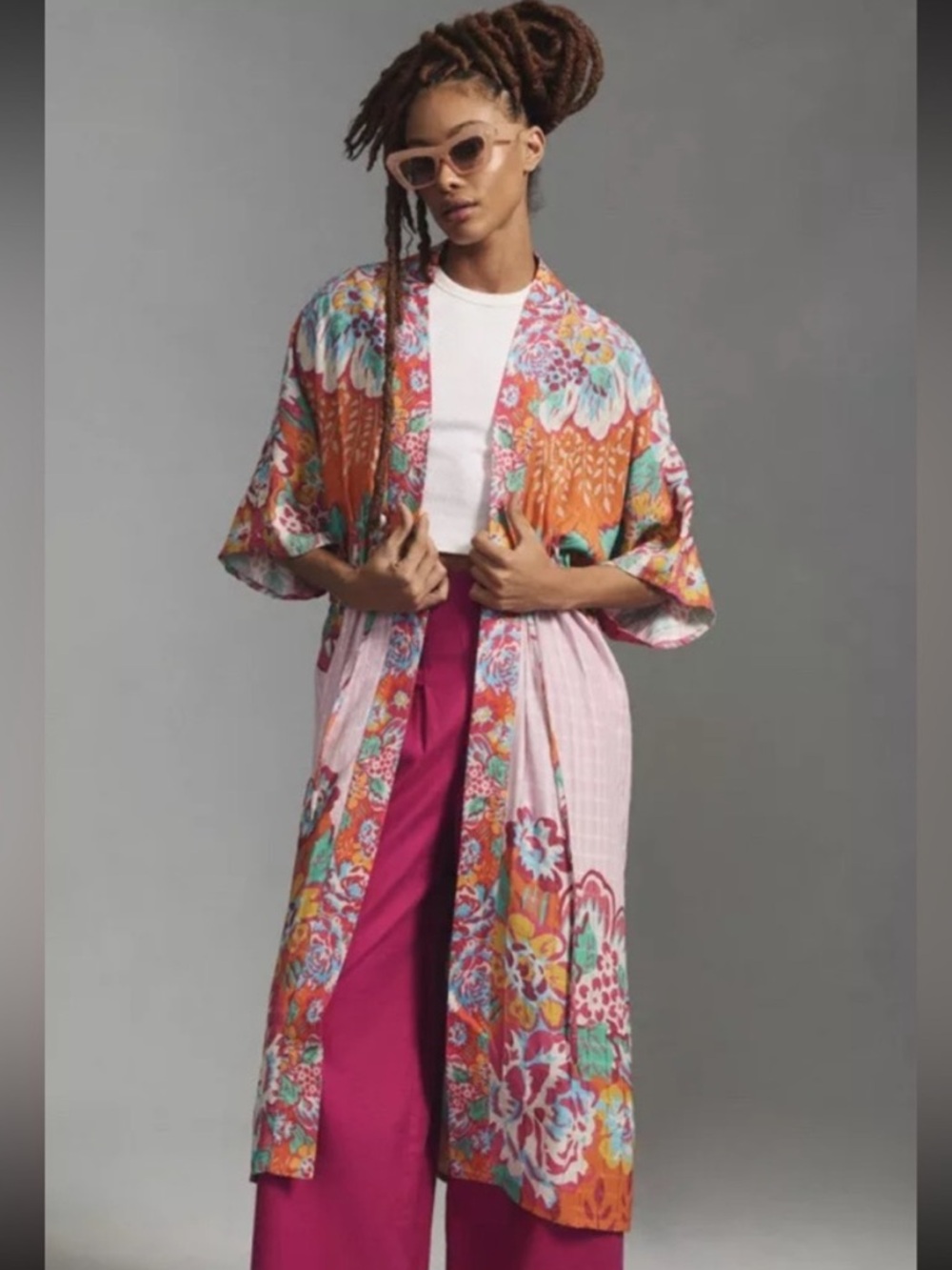 Anthropologie Multicolor Floral Kimono — Pink, Orange, Turquoise